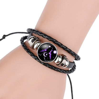 12 Zodiac Constellation Luminous Time Gemstone Leather Bracelet Punk Chain Cuff