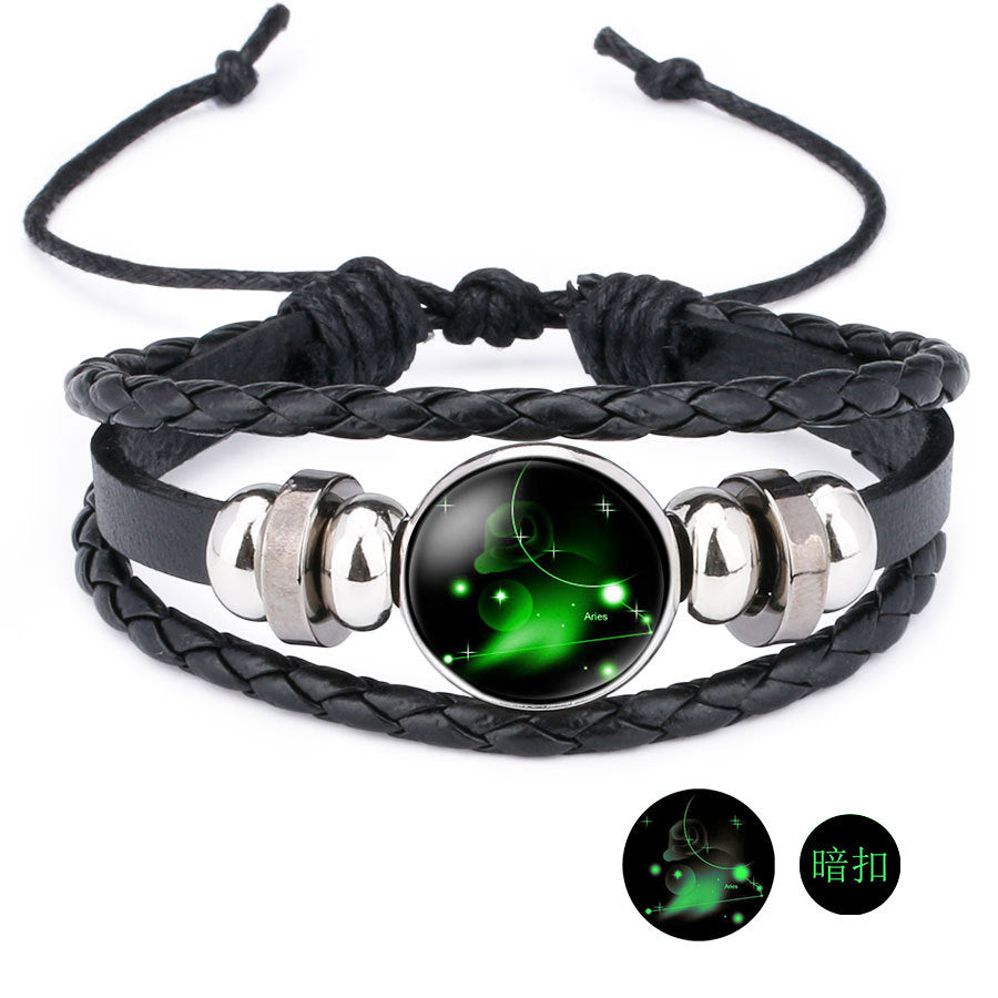 12 Zodiac Constellation Luminous Time Gemstone Leather Bracelet Punk Chain Cuff