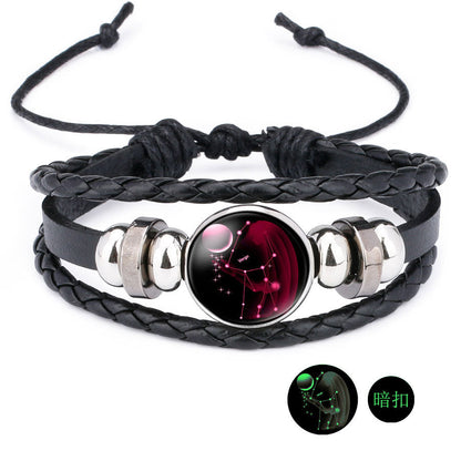 12 Zodiac Constellation Luminous Time Gemstone Leather Bracelet Punk Chain Cuff