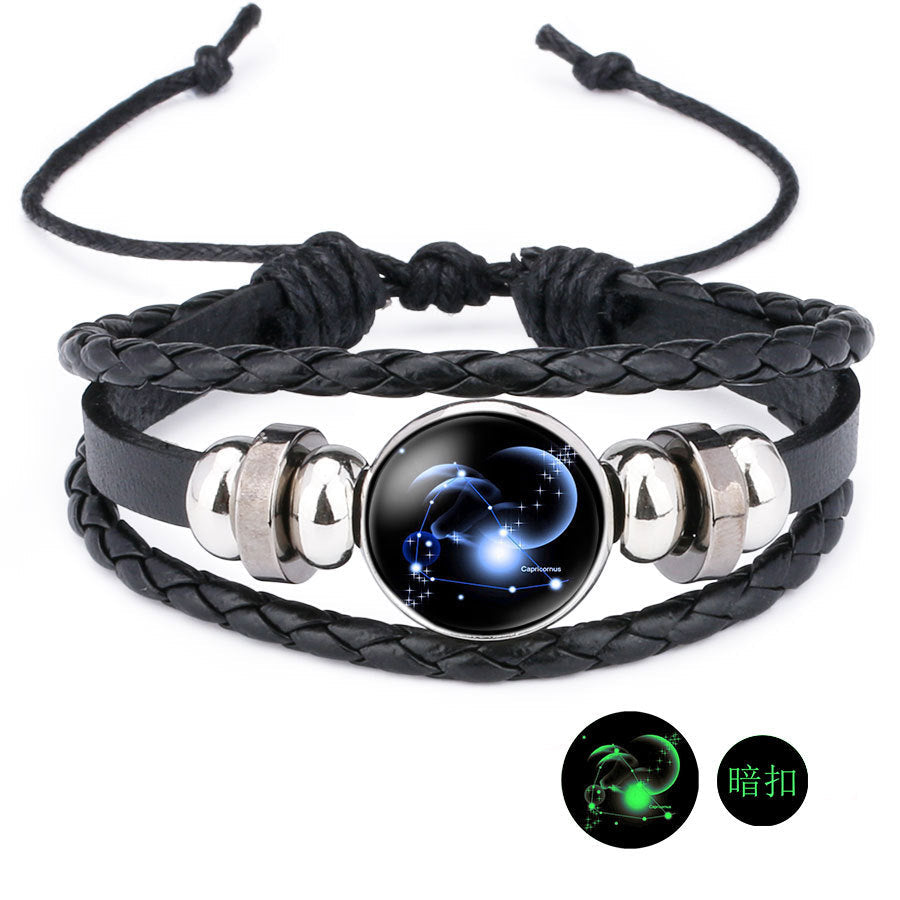 12 Zodiac Constellation Luminous Time Gemstone Leather Bracelet Punk Chain Cuff