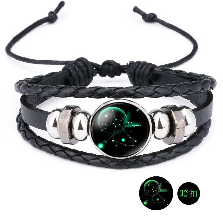 12 Zodiac Constellation Luminous Time Gemstone Leather Bracelet Punk Chain Cuff