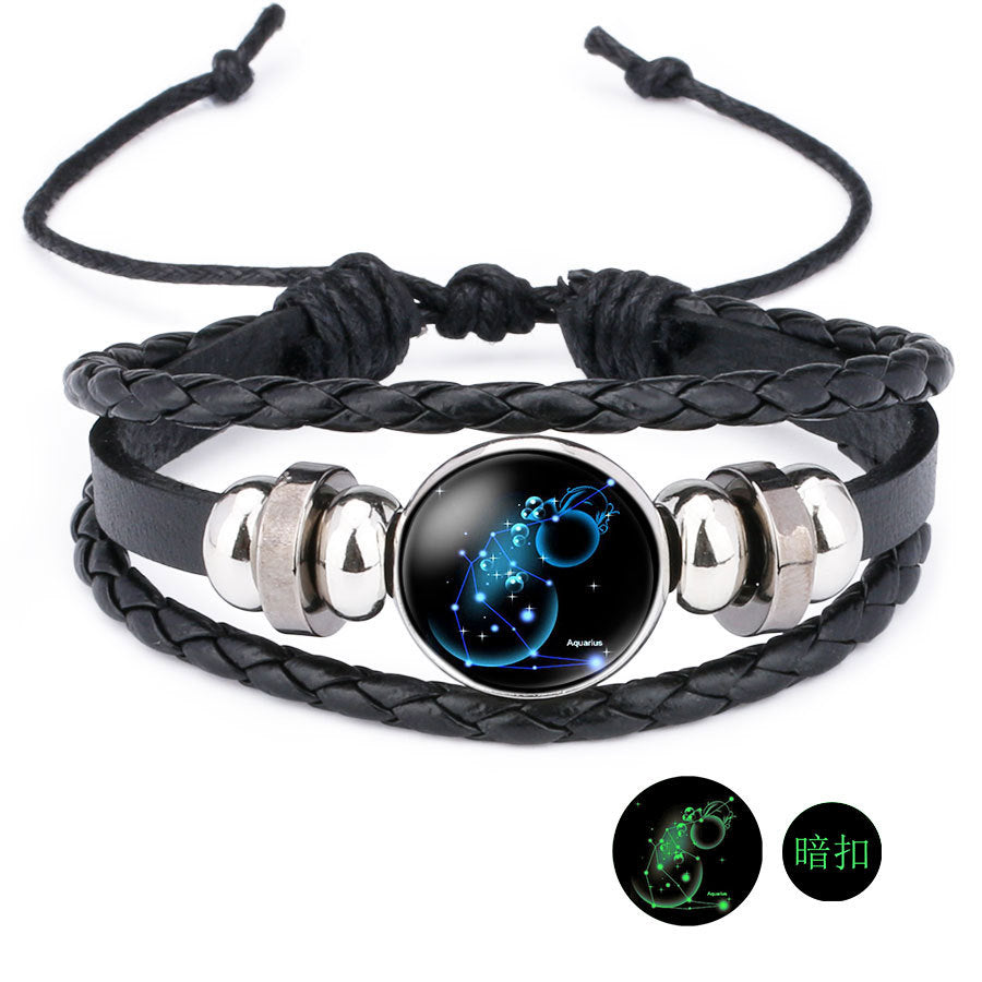 12 Zodiac Constellation Luminous Time Gemstone Leather Bracelet Punk Chain Cuff