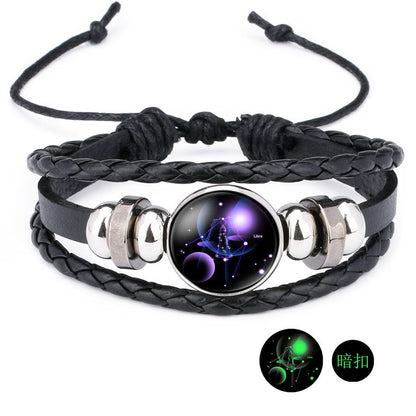 12 Zodiac Constellation Luminous Time Gemstone Leather Bracelet Punk Chain Cuff