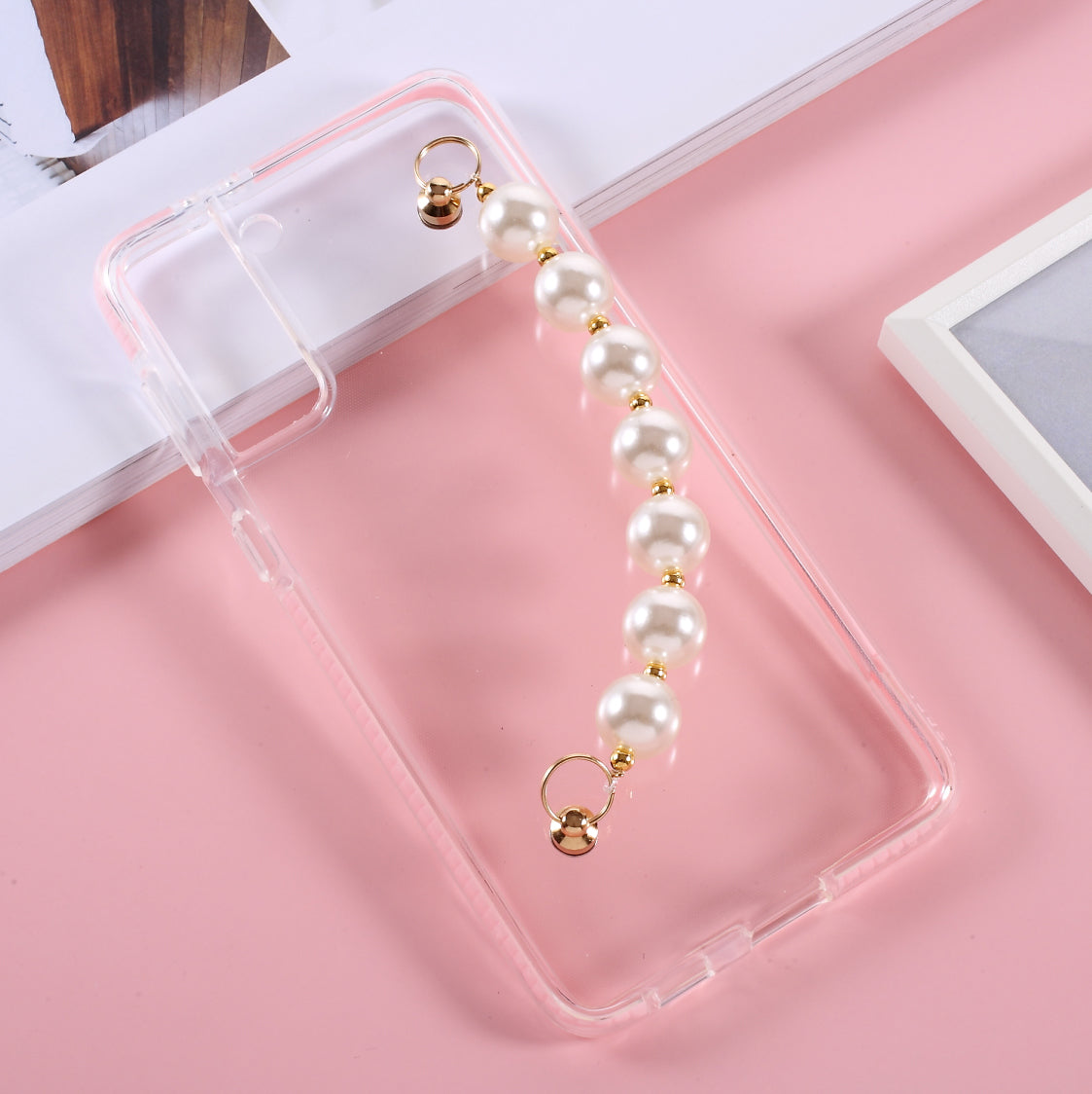 Bi-color Anti-Drop Soft TPU Phone Case with Pearl Hand Strap for Samsung Galaxy S21 5G/4G