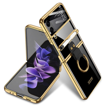 GKK for Samsung Galaxy Z Flip3 5G Electroplating Ring Kickstand Design Hard PC Phone Case with Built-in Tempered Glass Lens Film and S Pen