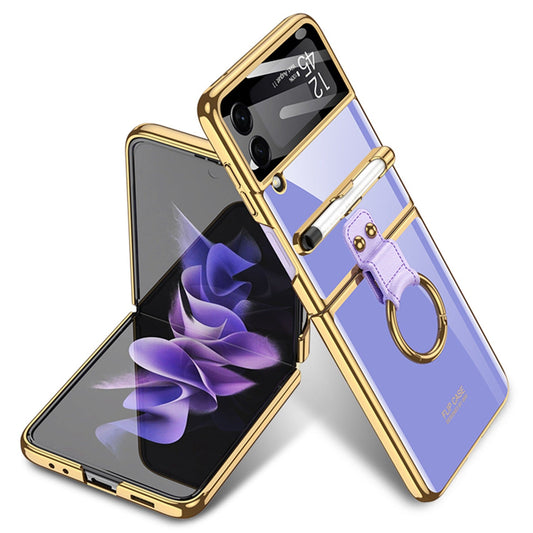 GKK for Samsung Galaxy Z Flip3 5G Electroplating Ring Kickstand Design Hard PC Phone Case with Built-in Tempered Glass Lens Film and S Pen