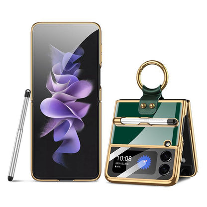 GKK for Samsung Galaxy Z Flip3 5G Electroplating Ring Kickstand Design Hard PC Phone Case with Built-in Tempered Glass Lens Film and S Pen