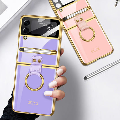 GKK for Samsung Galaxy Z Flip3 5G Electroplating Ring Kickstand Design Hard PC Phone Case with Built-in Tempered Glass Lens Film and S Pen