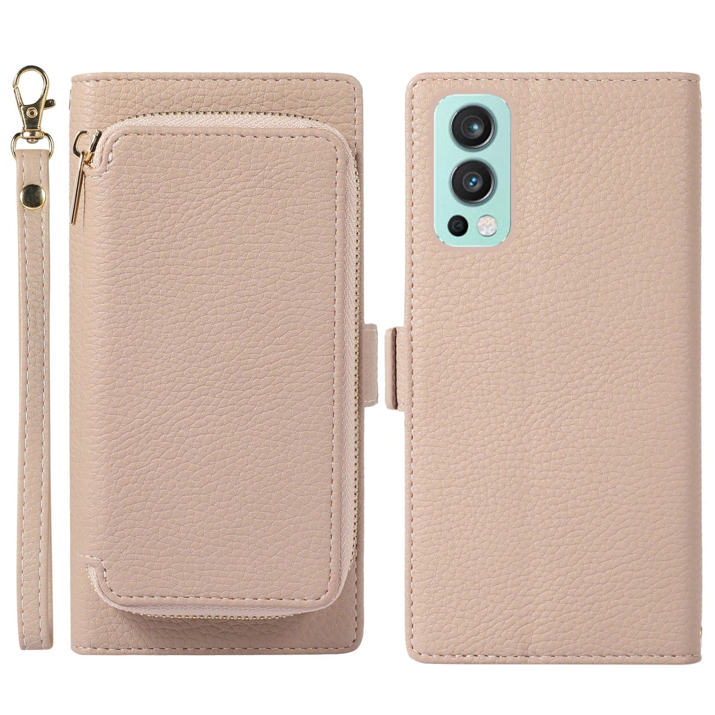 For OnePlus Nord 2 5G Magnetic Detachable Zipper Card Bag 2-in-1 Litchi Texture PU Leather Cover Overall Coverage Phone Stand Wallet Case with Strap