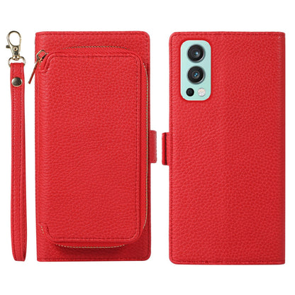 For OnePlus Nord 2 5G Magnetic Detachable Zipper Card Bag 2-in-1 Litchi Texture PU Leather Cover Overall Coverage Phone Stand Wallet Case with Strap