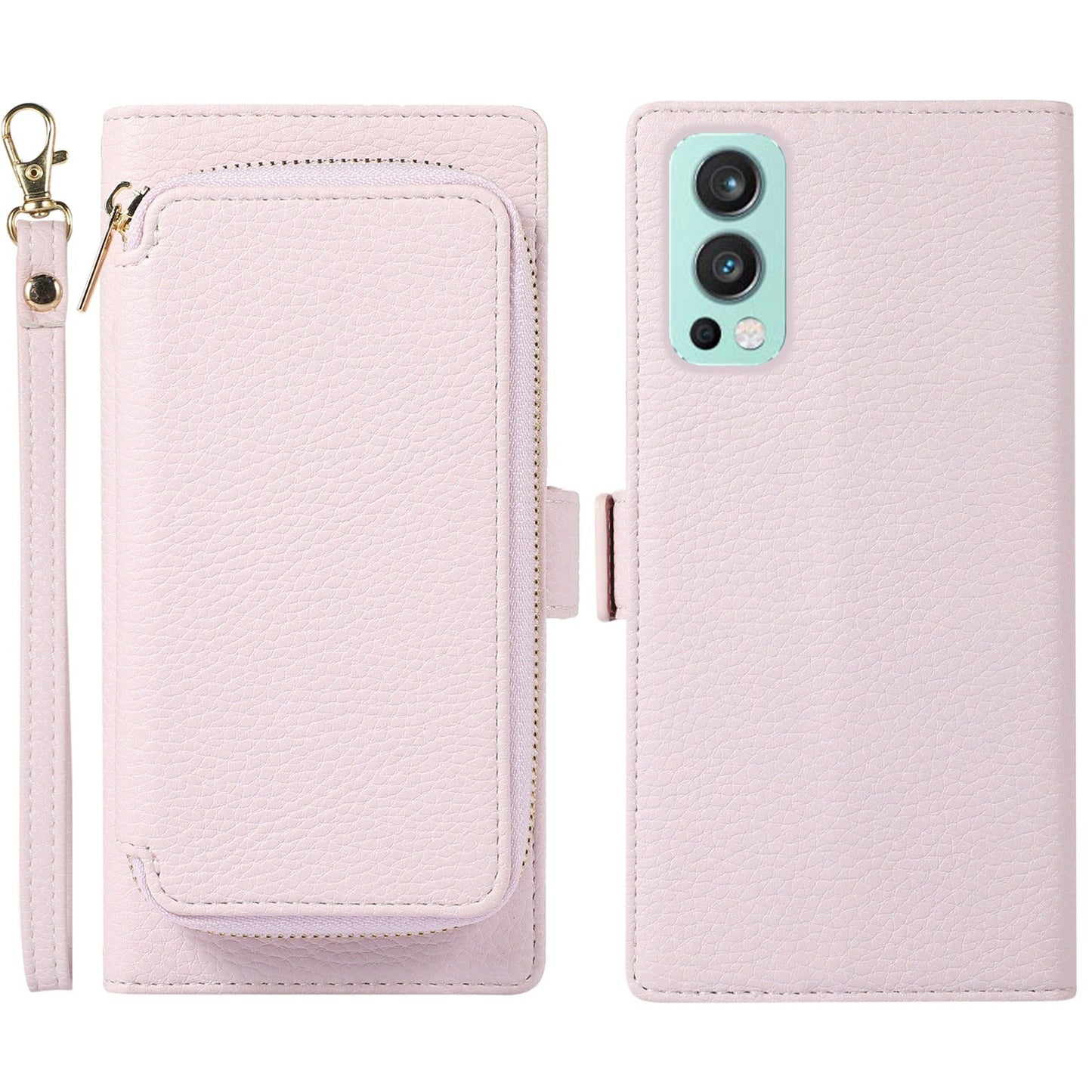 For OnePlus Nord 2 5G Magnetic Detachable Zipper Card Bag 2-in-1 Litchi Texture PU Leather Cover Overall Coverage Phone Stand Wallet Case with Strap