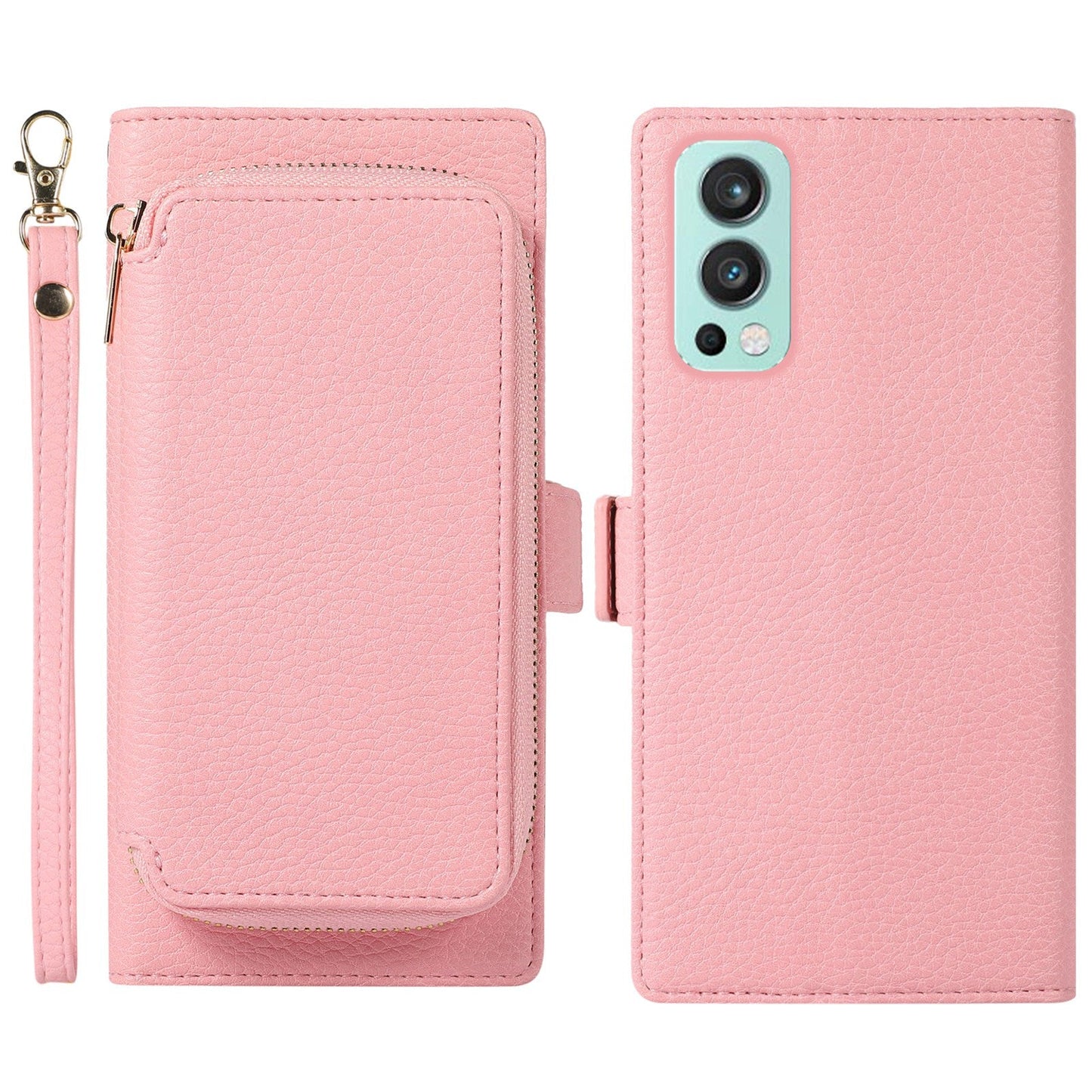 For OnePlus Nord 2 5G Magnetic Detachable Zipper Card Bag 2-in-1 Litchi Texture PU Leather Cover Overall Coverage Phone Stand Wallet Case with Strap