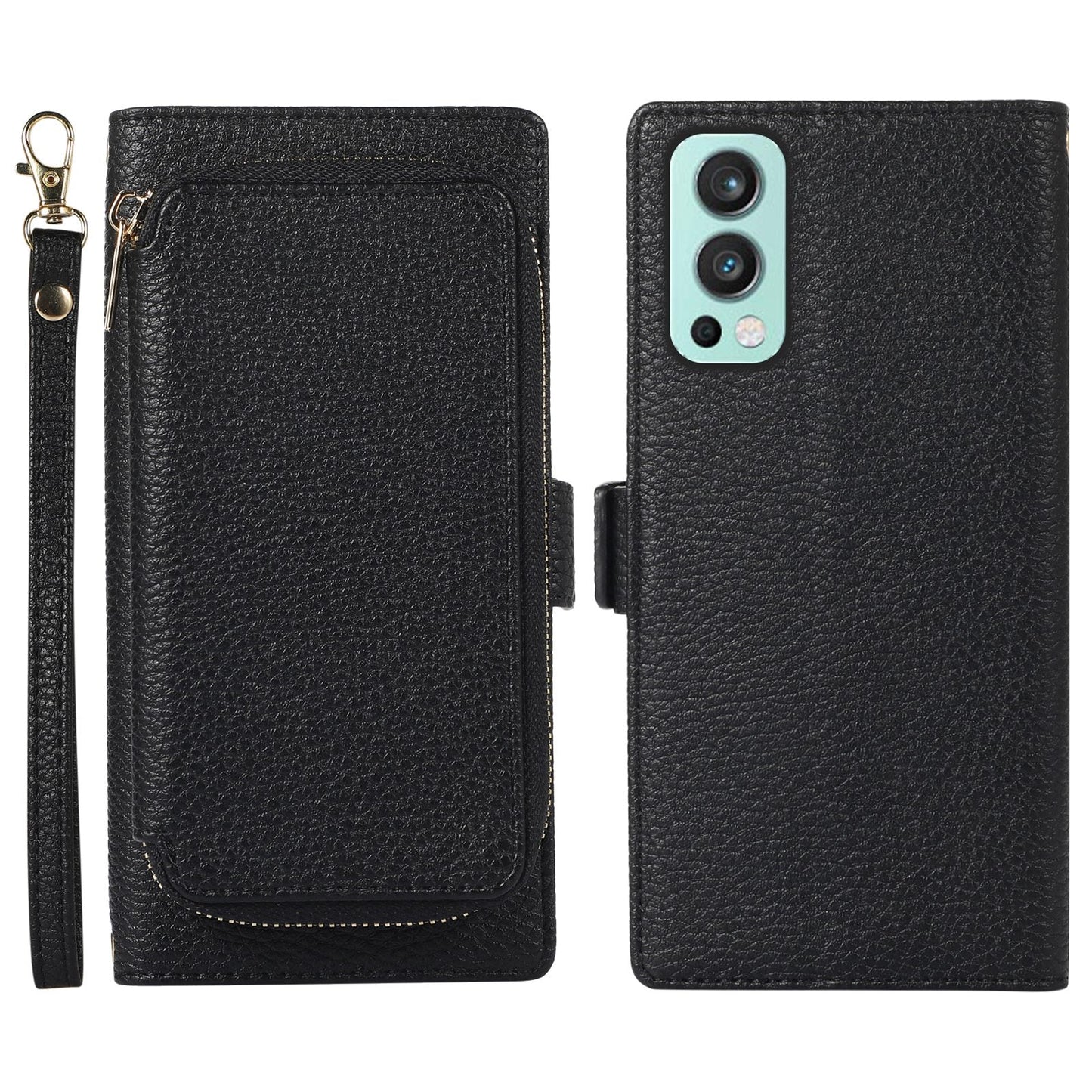 For OnePlus Nord 2 5G Magnetic Detachable Zipper Card Bag 2-in-1 Litchi Texture PU Leather Cover Overall Coverage Phone Stand Wallet Case with Strap