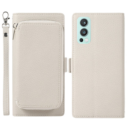 For OnePlus Nord 2 5G Magnetic Detachable Zipper Card Bag 2-in-1 Litchi Texture PU Leather Cover Overall Coverage Phone Stand Wallet Case with Strap