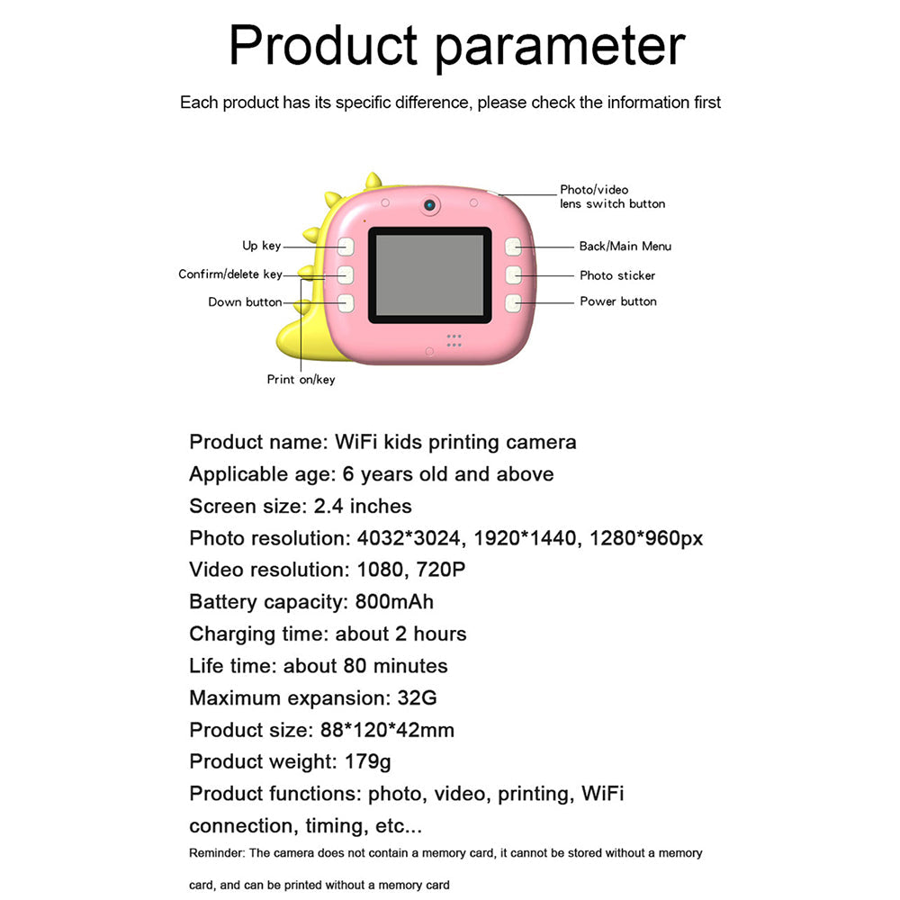 K07 Dinosaur Shape Front / Rear Dual Kids Camera 2.4 Inch IPS Screen WiFi Instant Print Digital Camera