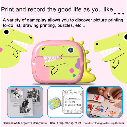 K07 Dinosaur Shape Front / Rear Dual Kids Camera 2.4 Inch IPS Screen WiFi Instant Print Digital Camera