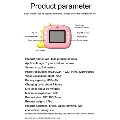 K07 Dinosaur Shape Front / Rear Dual Kids Camera 2.4 Inch IPS Screen WiFi Instant Print Digital Camera