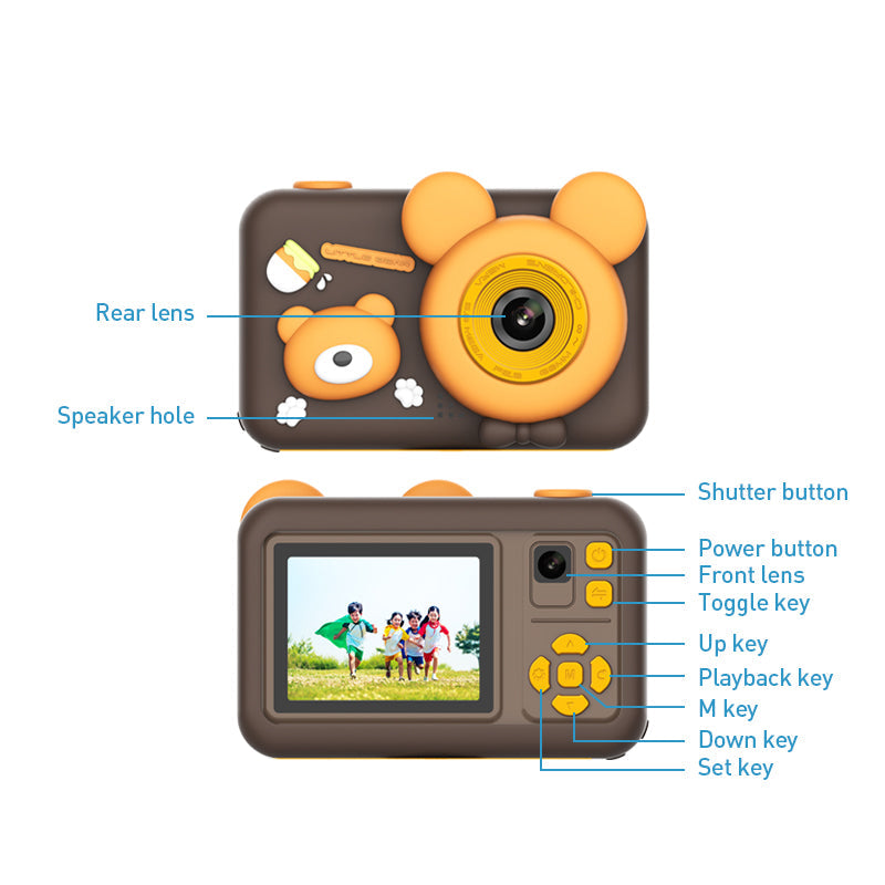 D32 2-inch Screen Children Camera Rechargeable HD Dual Lens Camera Toy with Silicone Cover and Tripod