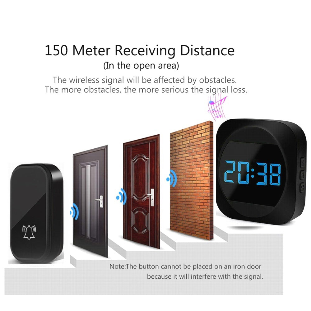 T195 Self-powered Wireless Door Bell with Time Display Remote Control Doorbell, 1 Transmitter+1 Receiver