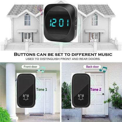 T195 Self-powered Wireless Door Bell with Time Display Remote Control Doorbell, 1 Transmitter+1 Receiver