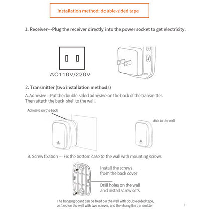 CACAZI FA99 Wireless Self-generating Press Doorbell Home Remote Door Bell, 1 Receiver and 1 Transmitter