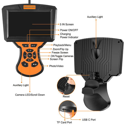 M50 10m Hard Wire 5mm Dual Lens Industrial Endoscope 5'' IPS Screen 7-LED Borescope Inspection Camera