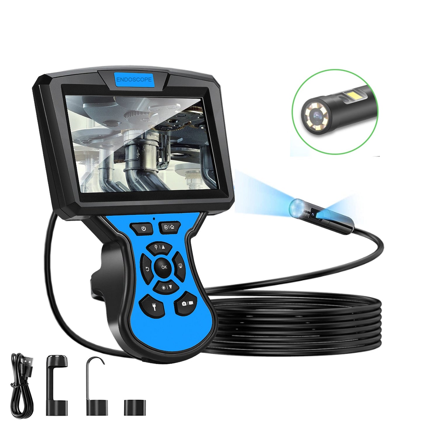 M50 10m Hard Wire 5mm Dual Lens Industrial Endoscope 5'' IPS Screen 7-LED Borescope Inspection Camera