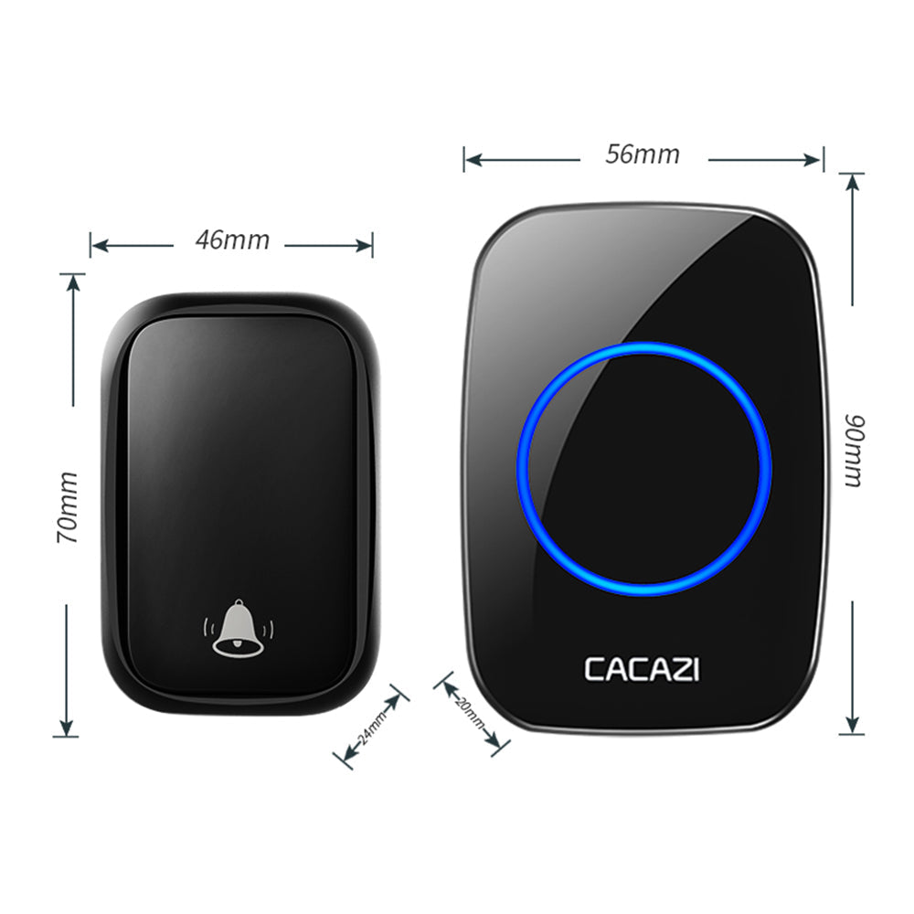 CACAZI FA58 Waterproof 5 Volume Levels Wireless Doorbell Mini Chime Door Bell Kit with 1 Transmitter+1 Receiver