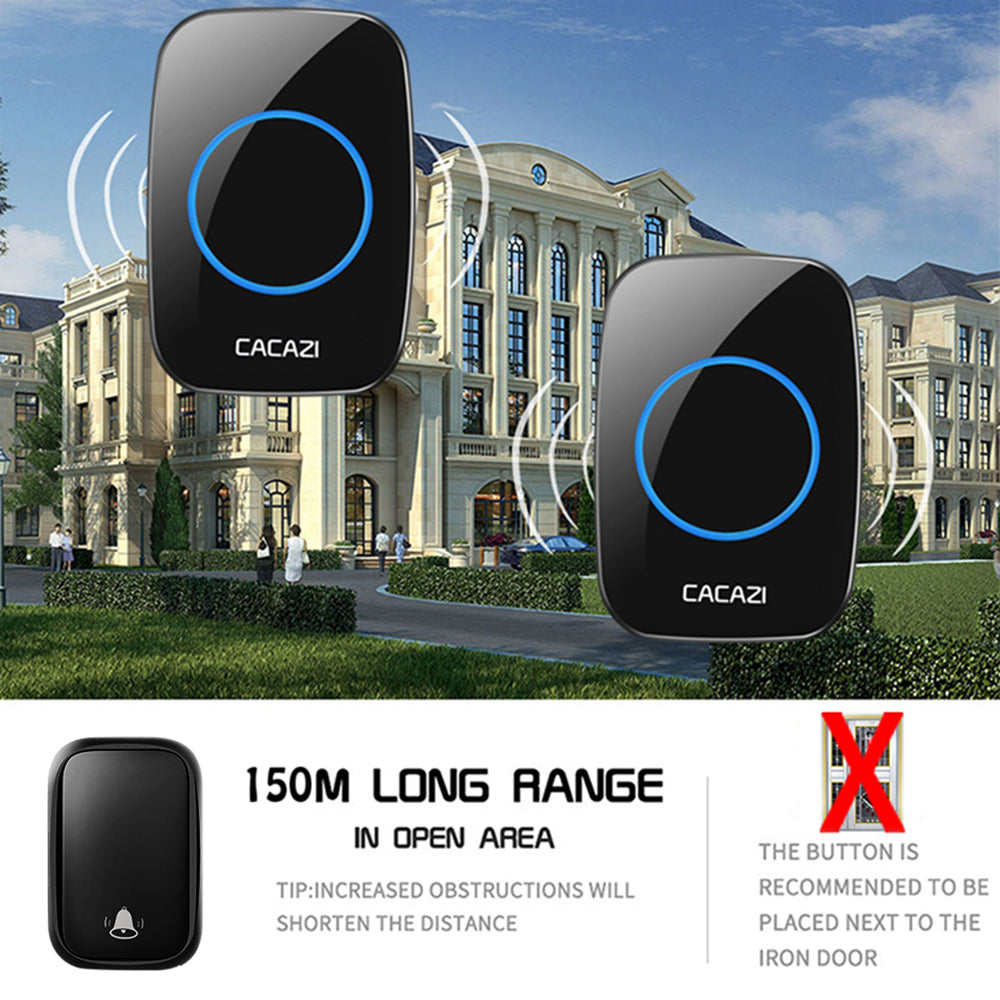 CACAZI FA58 Waterproof 5 Volume Levels Wireless Doorbell Mini Chime Door Bell Kit with 1 Transmitter+1 Receiver