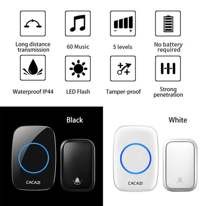 CACAZI FA58 Home Wireless Doorbell Outdoor Waterproof LED Door Bell Chime Kit with 1 Transmitter+2 Receivers