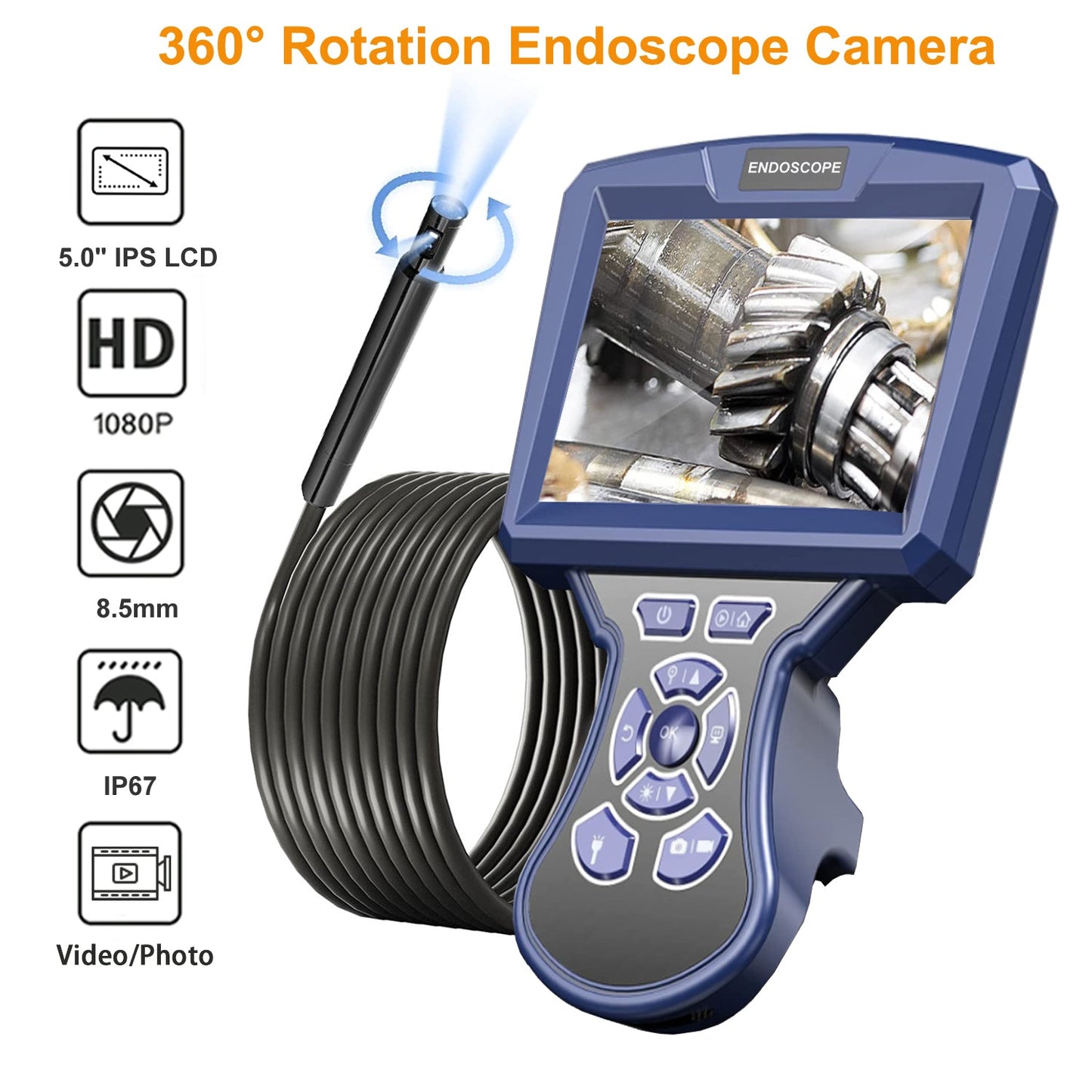 MS550 1m Wire 360-Degree Rotation Microscope Industrial Endoscope 8.5mm Dual-Lens Camera with 5-Inch Screen