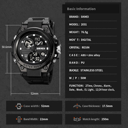 SKMEI 2031 50m Waterproof Dual-Time Men's Watch Multifunction 12H / 24H Format Sports Watch with Leather Strap