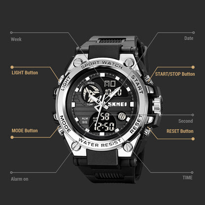 SKMEI 2031 50m Waterproof Dual-Time Men's Watch Multifunction 12H / 24H Format Sports Watch with Leather Strap