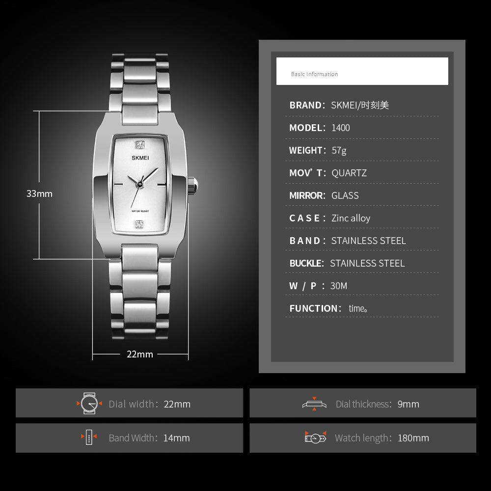 SKMEI 1400 Classic Quartz Ladies Watch Rhinestone Decor Zinc Alloy Wrist Watch