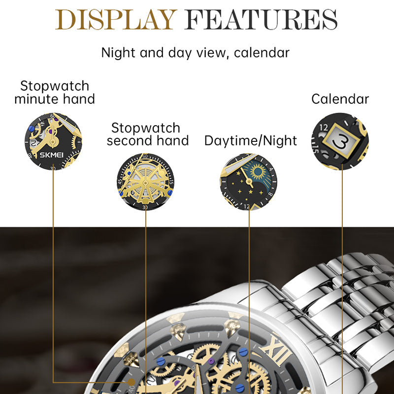 SKMEI 7039 Hollow Dial Design Business Fashion Men Quartz Watch Stopwatch Calendar Wrist Watch