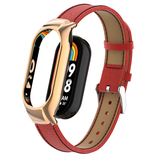 For Xiaomi Smart Band 8 Watch Band Genuine Cow Leather Sports Strap with Metal Frame Case