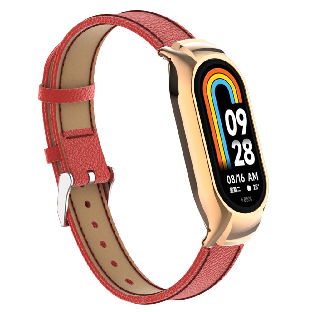 For Xiaomi Smart Band 8 Watch Band Genuine Cow Leather Sports Strap with Metal Frame Case