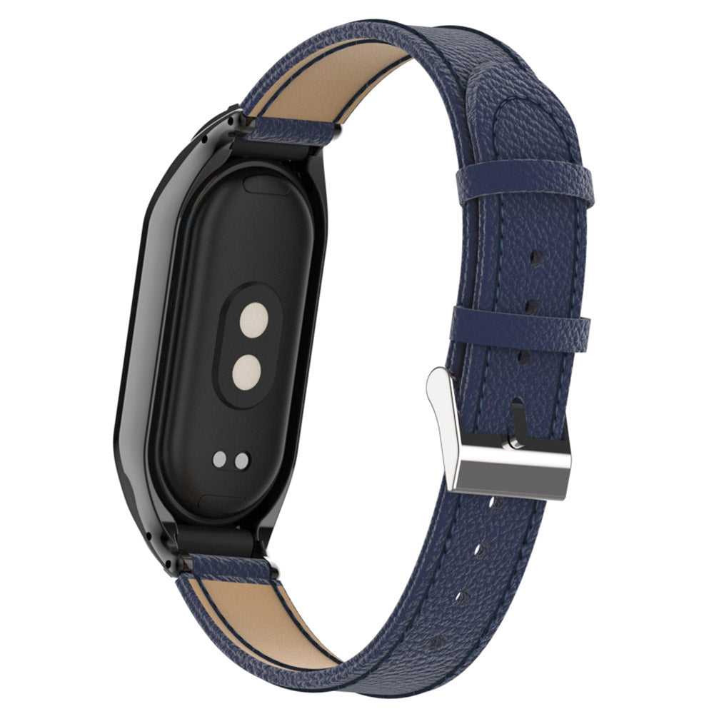 For Xiaomi Smart Band 8 Watch Band Genuine Cow Leather Sports Strap with Metal Frame Case