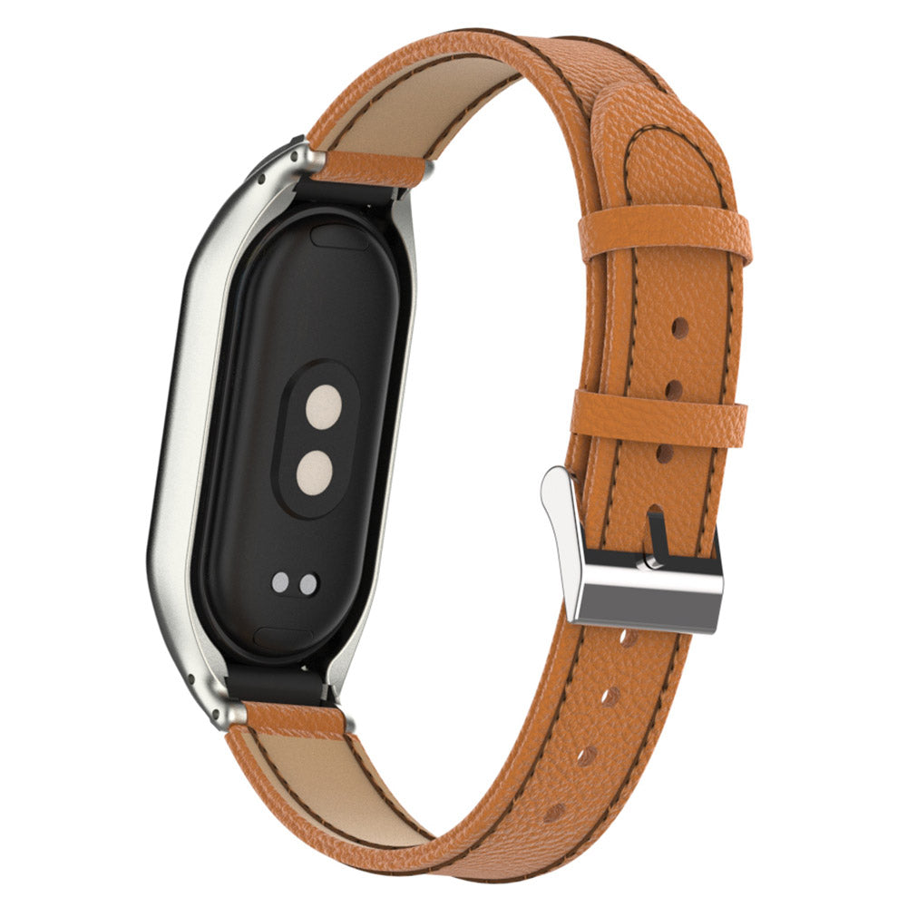 For Xiaomi Smart Band 8 Watch Band Genuine Cow Leather Sports Strap with Metal Frame Case