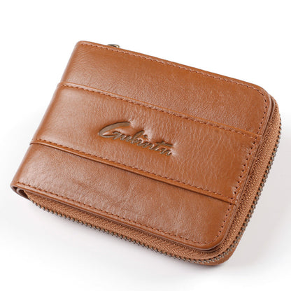 GUBINTU Top Layer Cowhide Leather Zipper Men Folding Wallet RFID Blocking Cards Cash Carrying Bag